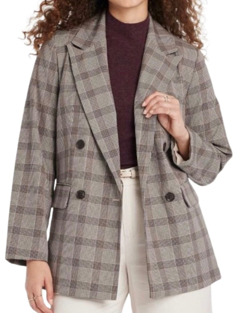 NWT A New Day Blazer Women Medium Brown Plaid Double Breasted Oversized Academia